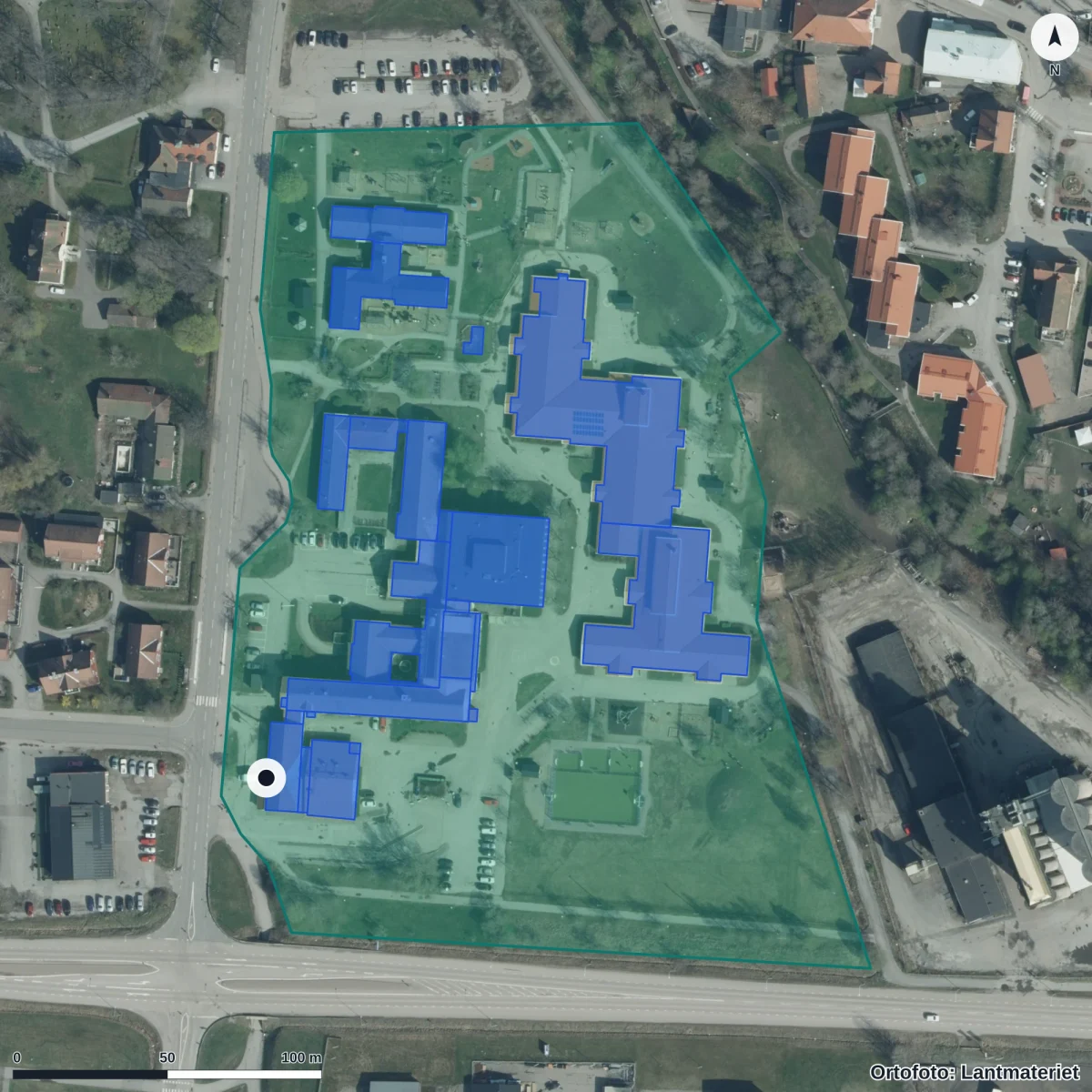 Aerial view of Heby skola, orthophoto from Lantmäteriet