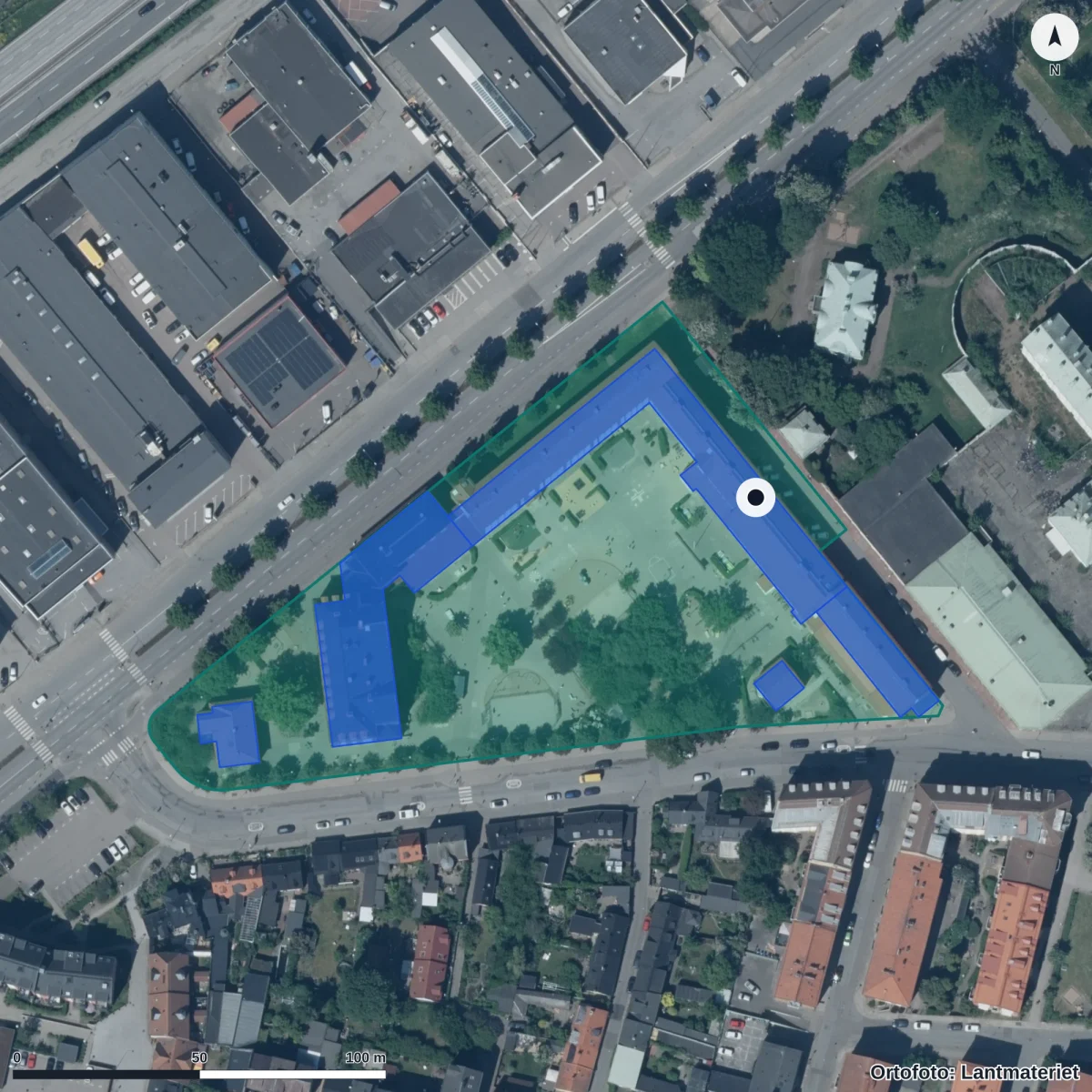Flygbild över Kirsebergsskolan, ortofoto från Lantmäteriet
