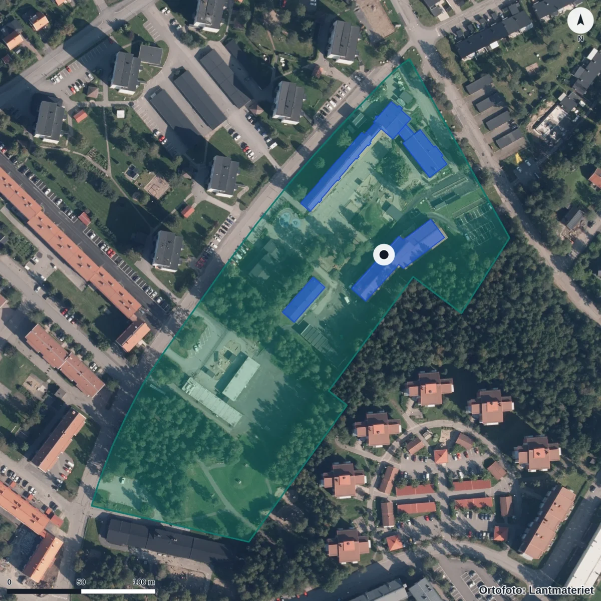 Aerial view of Berghemsskolan, orthophoto from Lantmäteriet