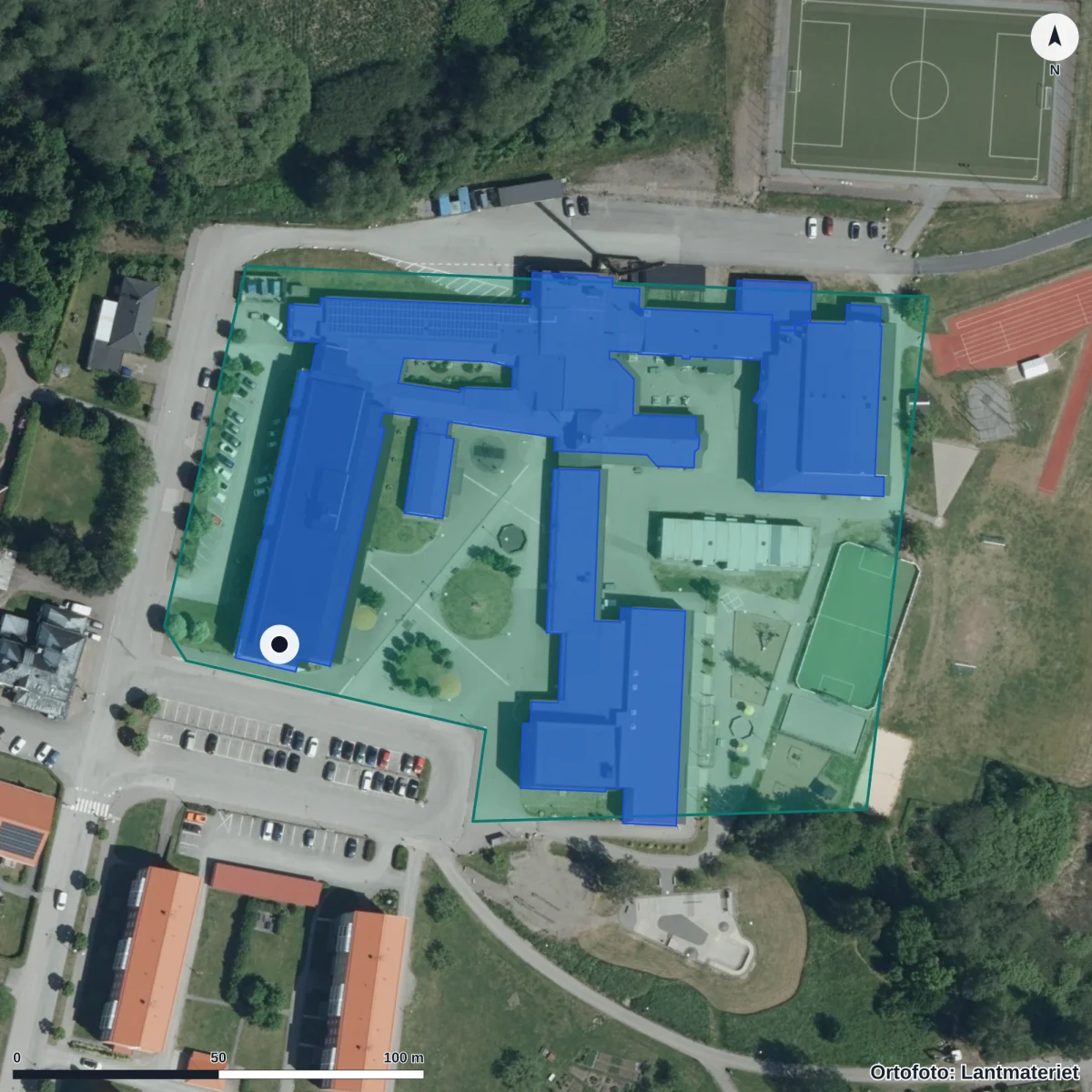 Flygbild över Värgårdsskolan 7-9, ortofoto från Lantmäteriet