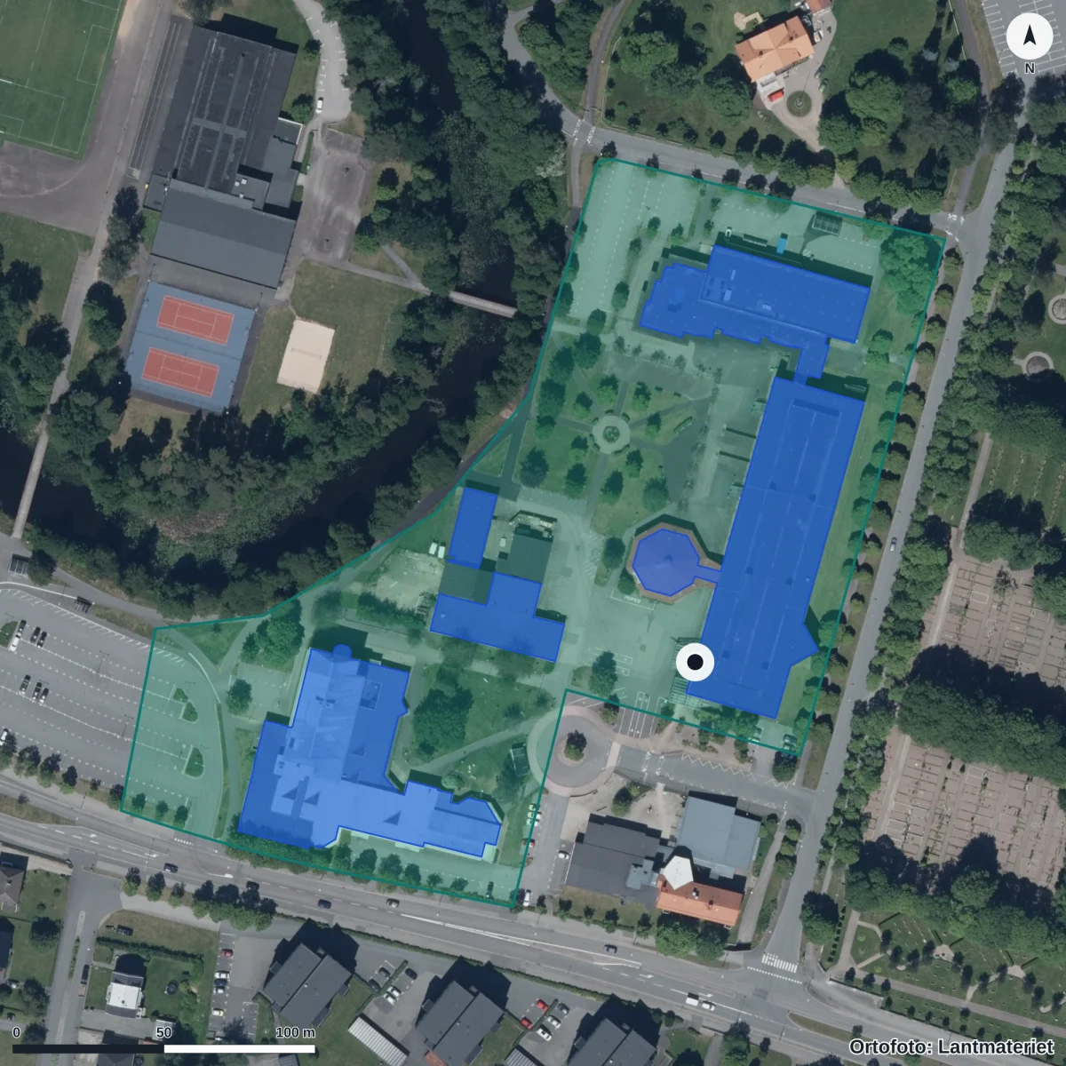 Aerial view of Finnvedens Gymnasium, orthophoto from Lantmäteriet