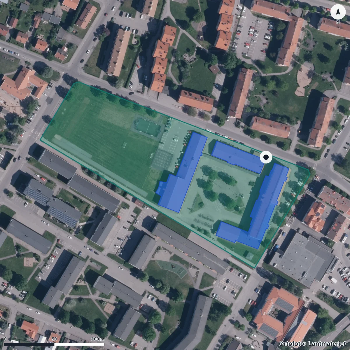 Aerial view of Fredriksdalskolan, orthophoto from Lantmäteriet