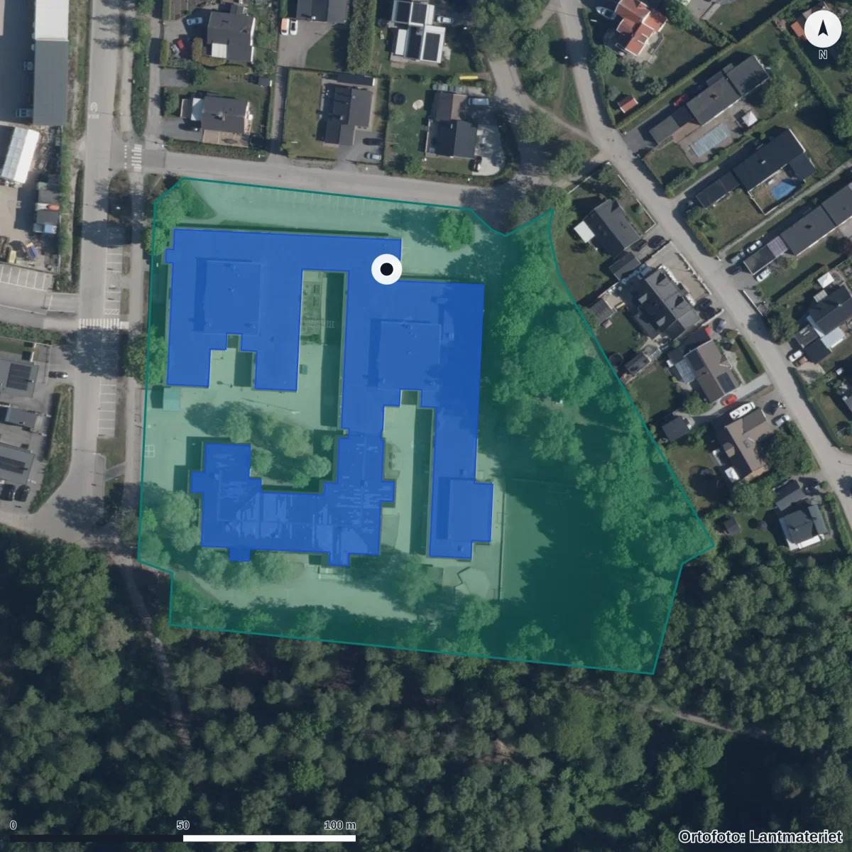 Aerial view of Kassmyraskolan, orthophoto from Lantmäteriet