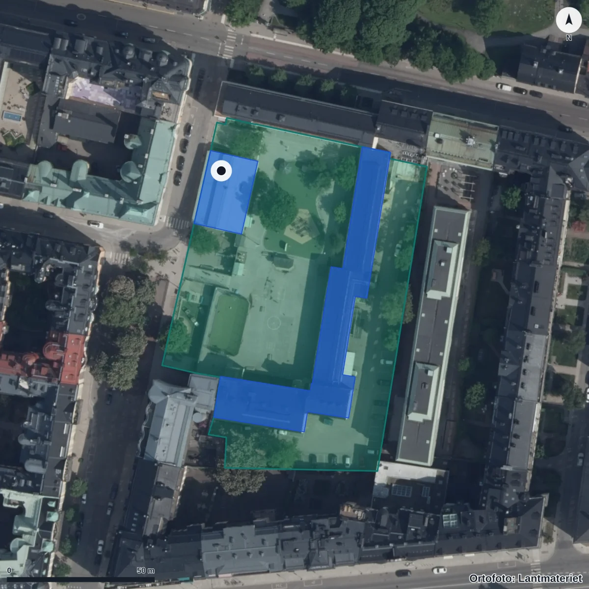 Flygbild över Eiraskolan, ortofoto från Lantmäteriet