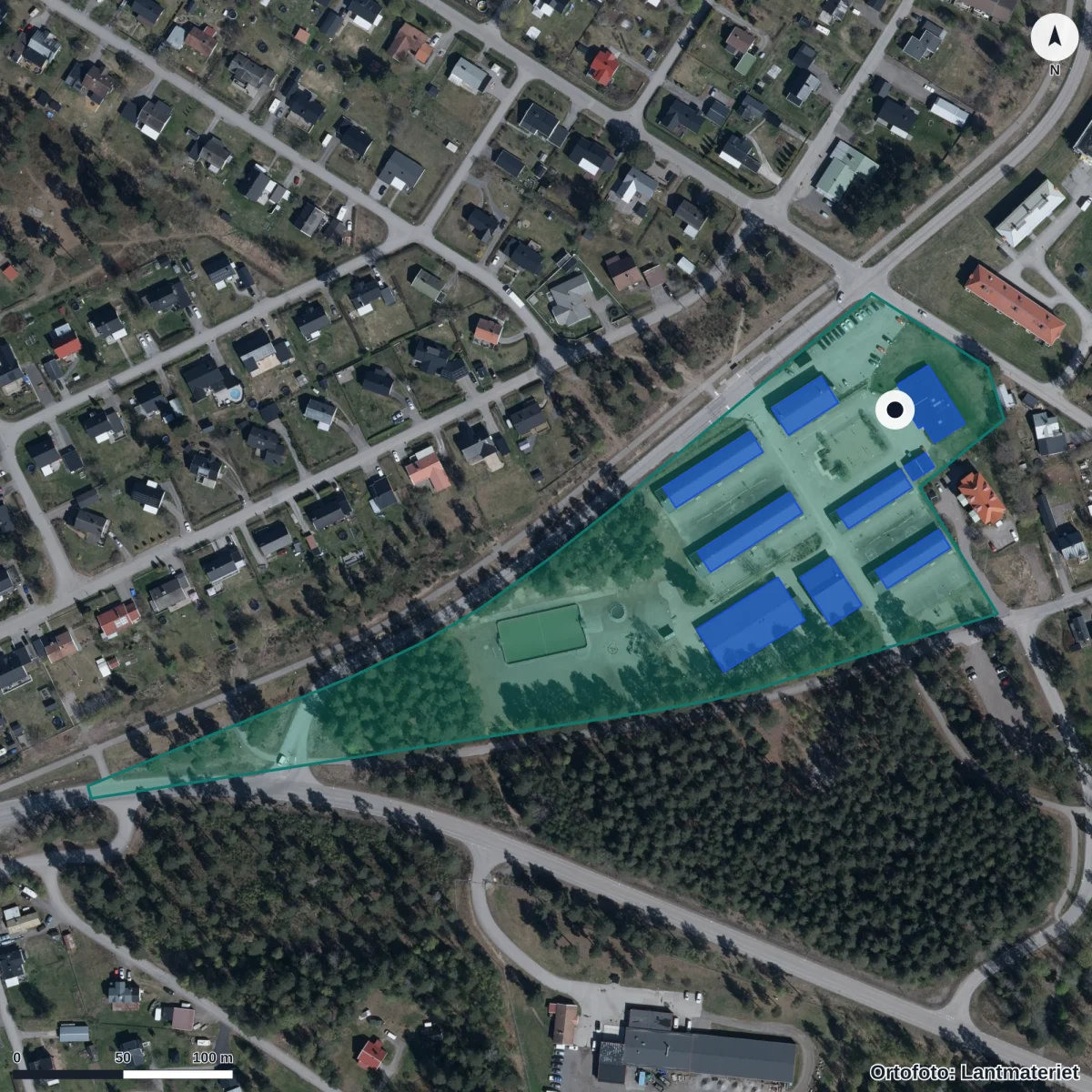 Flygbild över Böle skola, ortofoto från Lantmäteriet