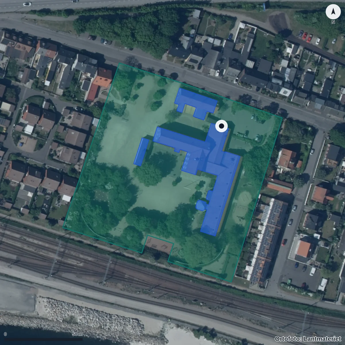 Aerial view of Östra skolan, orthophoto from Lantmäteriet