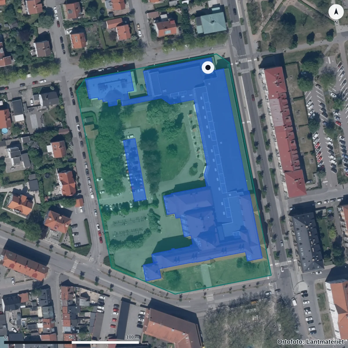 Flygbild över Ystad Gymnasium, ortofoto från Lantmäteriet