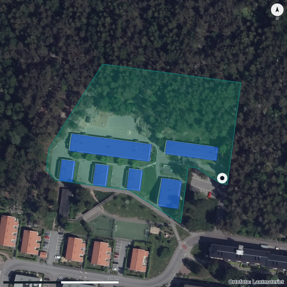 Aerial view of Assaredsskolan, orthophoto from Lantmäteriet