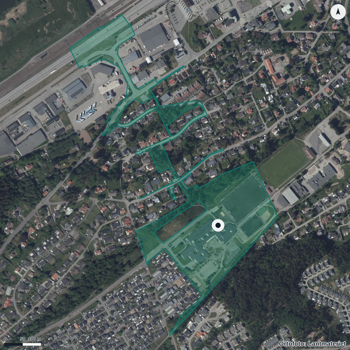Aerial view of Aroseniusskolan, orthophoto from Lantmäteriet