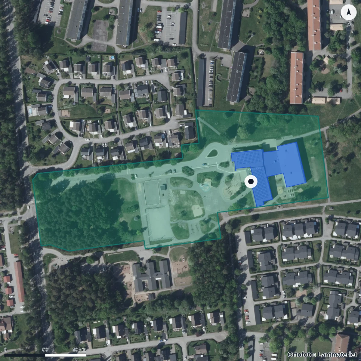Aerial view of Prismaskolan, orthophoto from Lantmäteriet