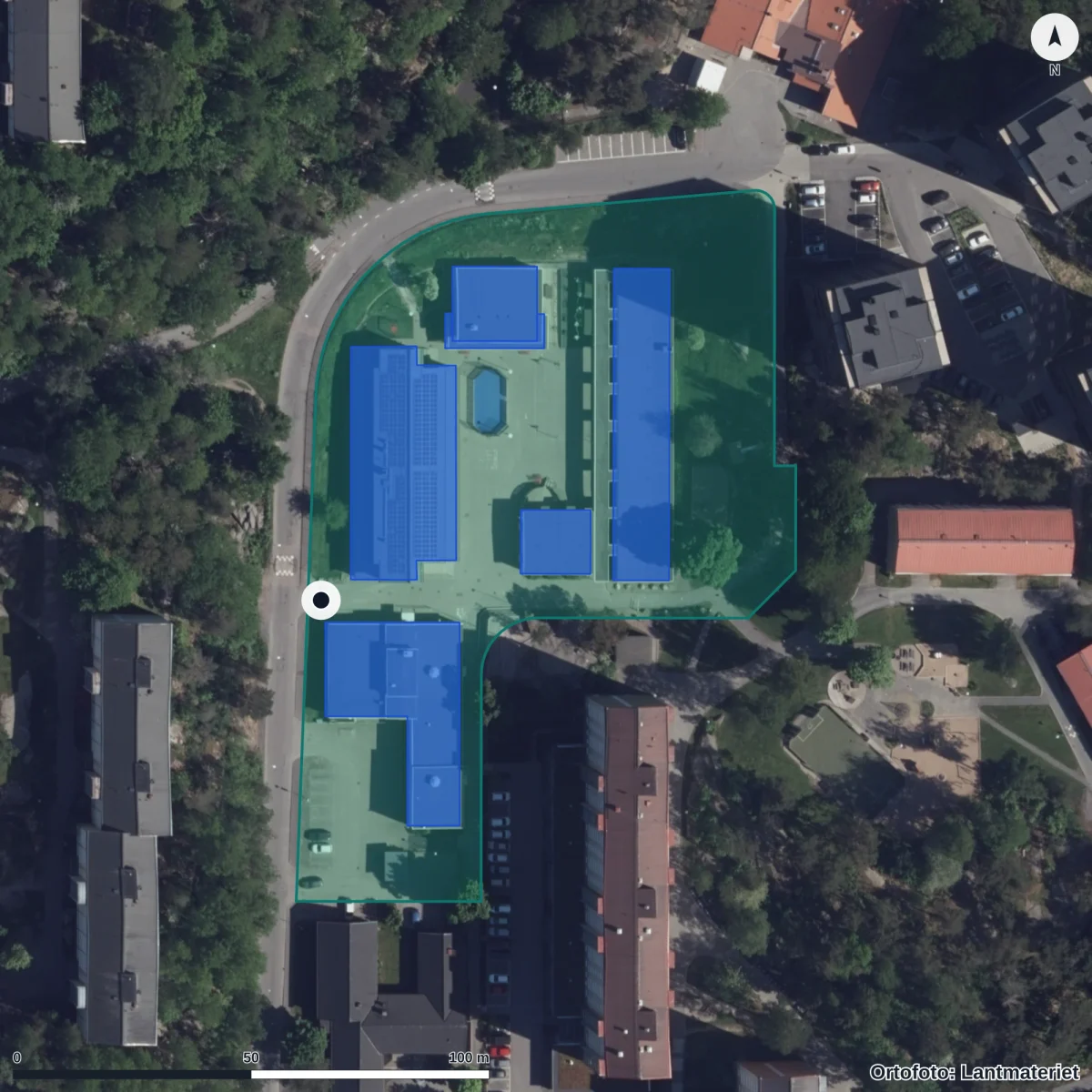 Aerial view of Backegårdsskolan, orthophoto from Lantmäteriet