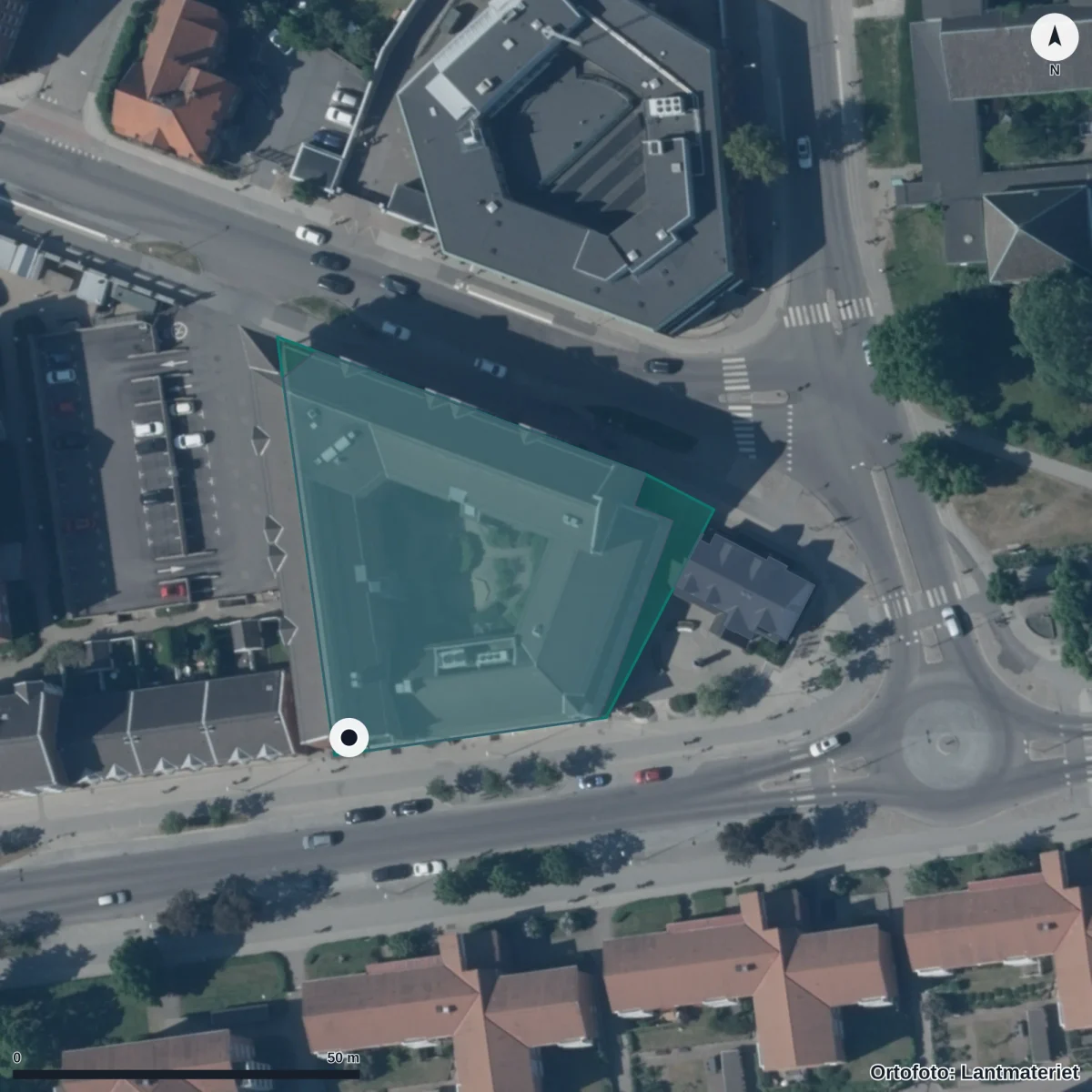 Flygbild över JENSEN gymnasium Lund, ortofoto från Lantmäteriet