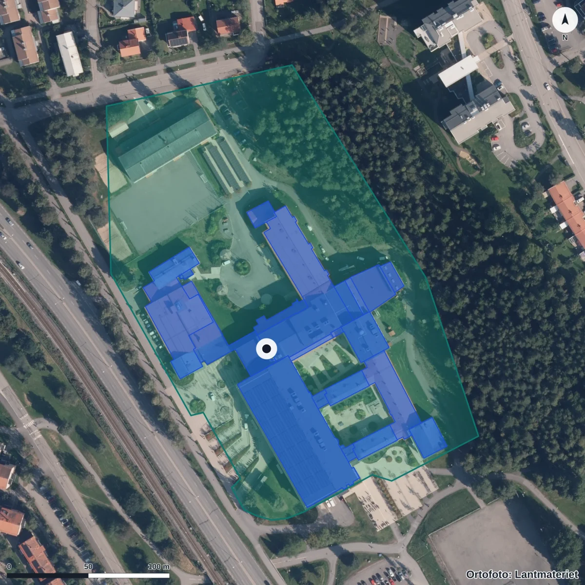 Aerial view of Maja Beskowgymnasiet, orthophoto from Lantmäteriet