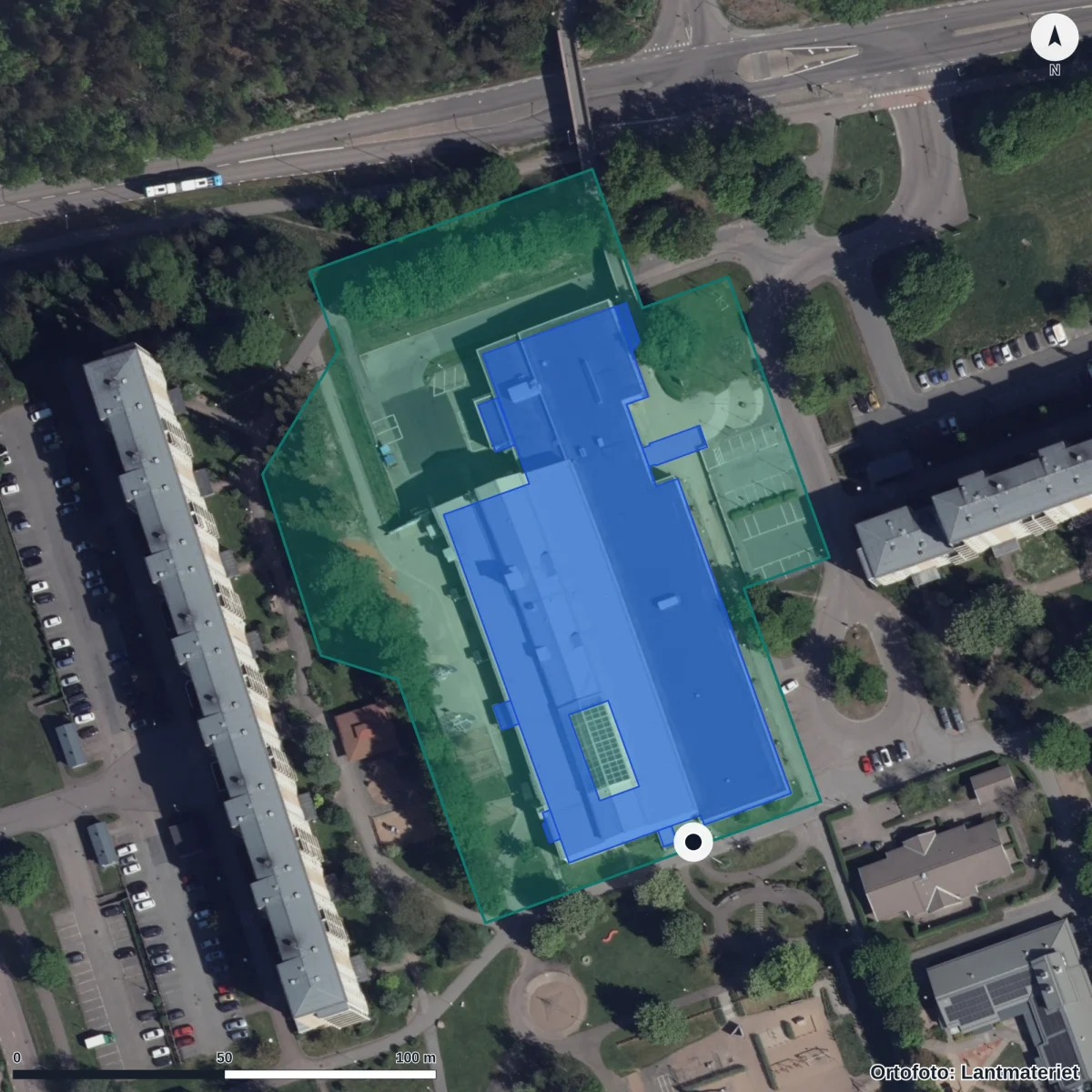 Flygbild över Rannebergsskolan, ortofoto från Lantmäteriet