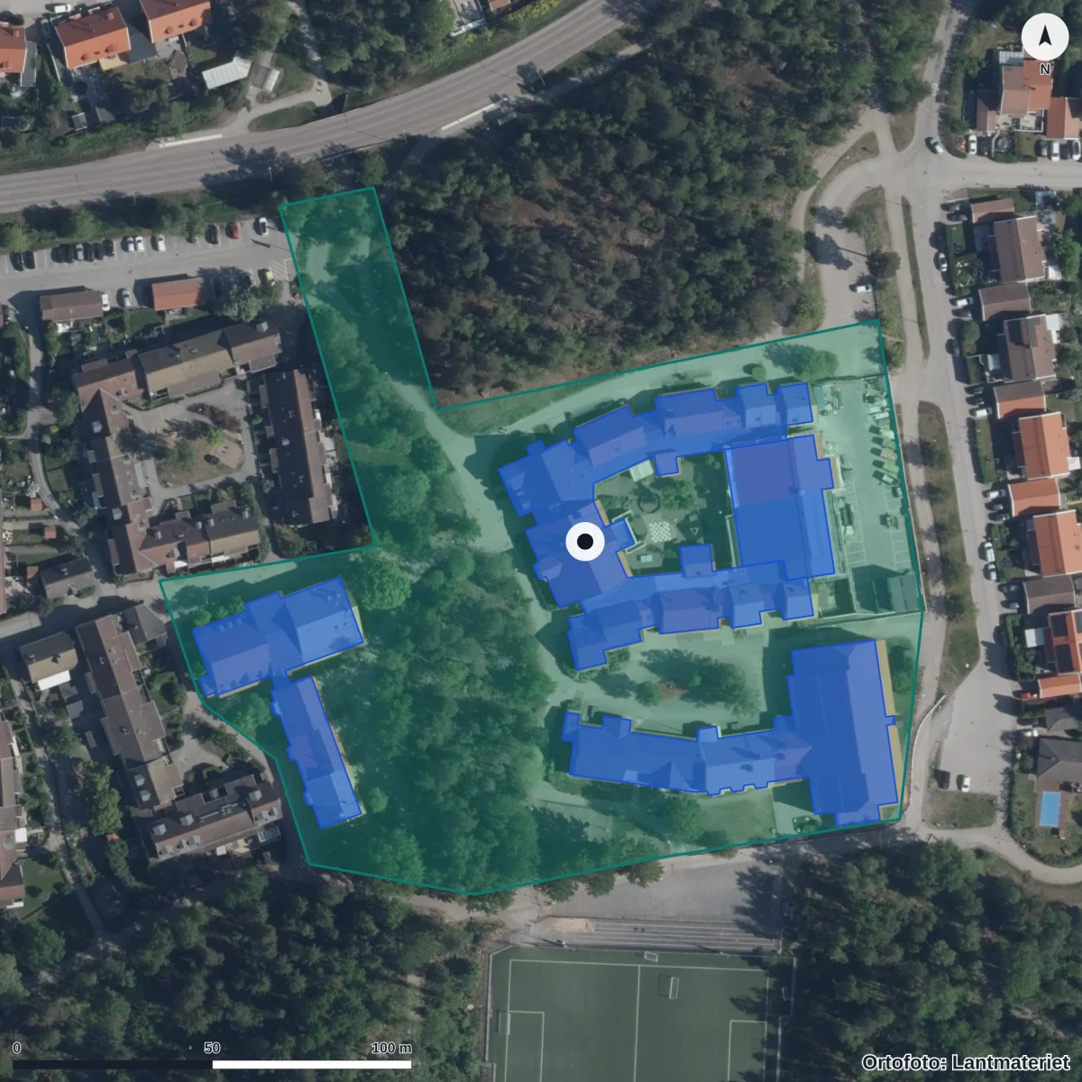Flygbild över Nordanskolan, ortofoto från Lantmäteriet