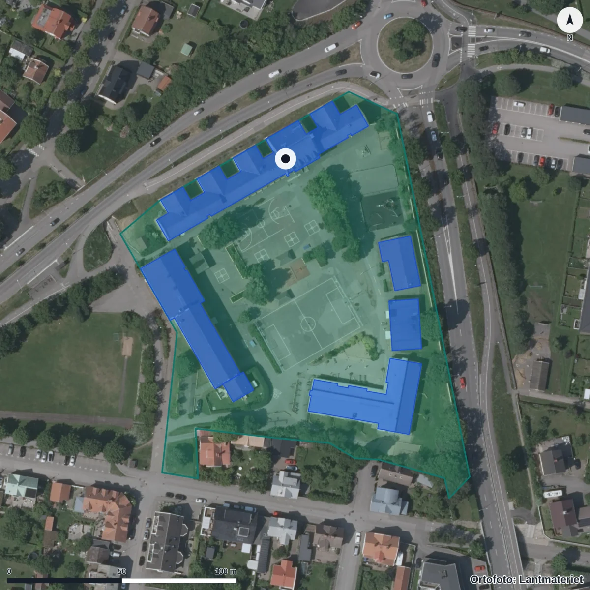 Aerial view of Hagaskolan, orthophoto from Lantmäteriet