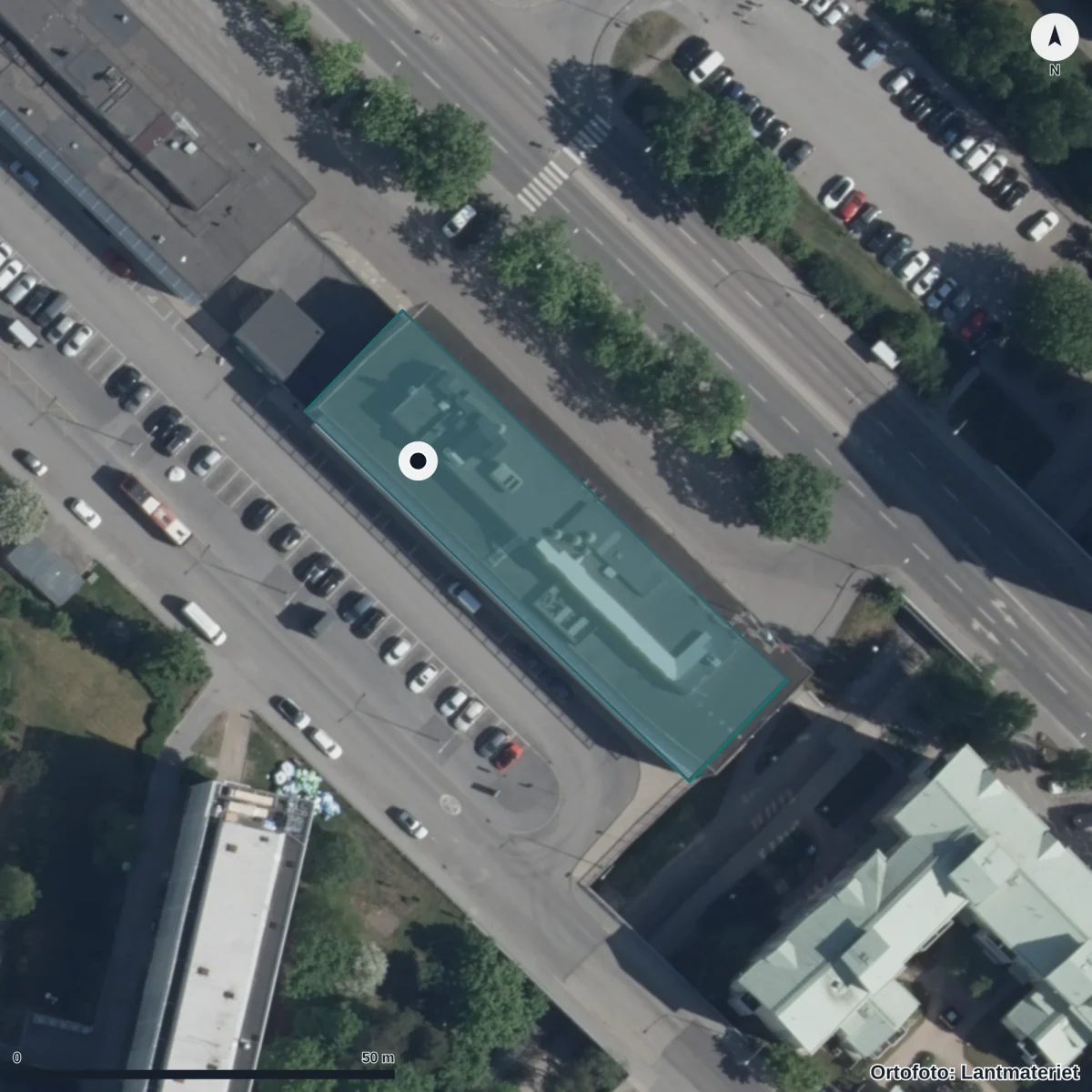 Flygbild över Parkskolan, ortofoto från Lantmäteriet
