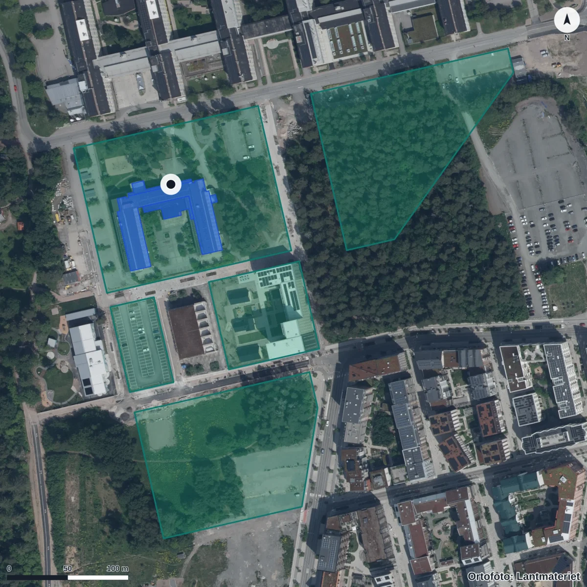 Aerial view of Rosendalsgymnasiet, orthophoto from Lantmäteriet