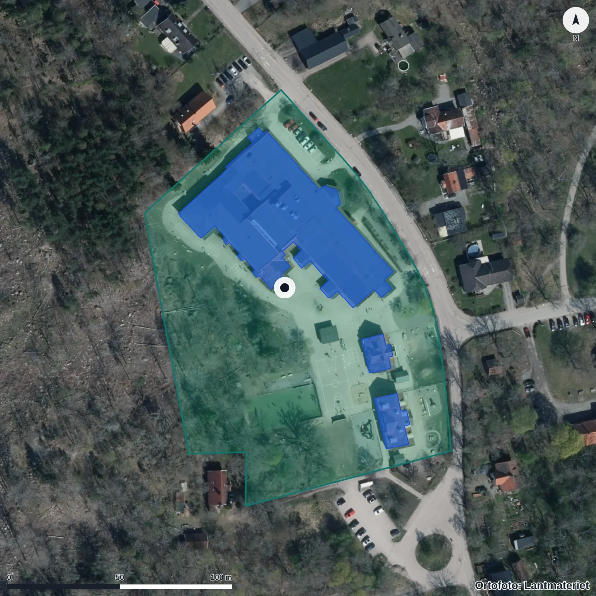 Flygbild över Barkaröskolan, ortofoto från Lantmäteriet