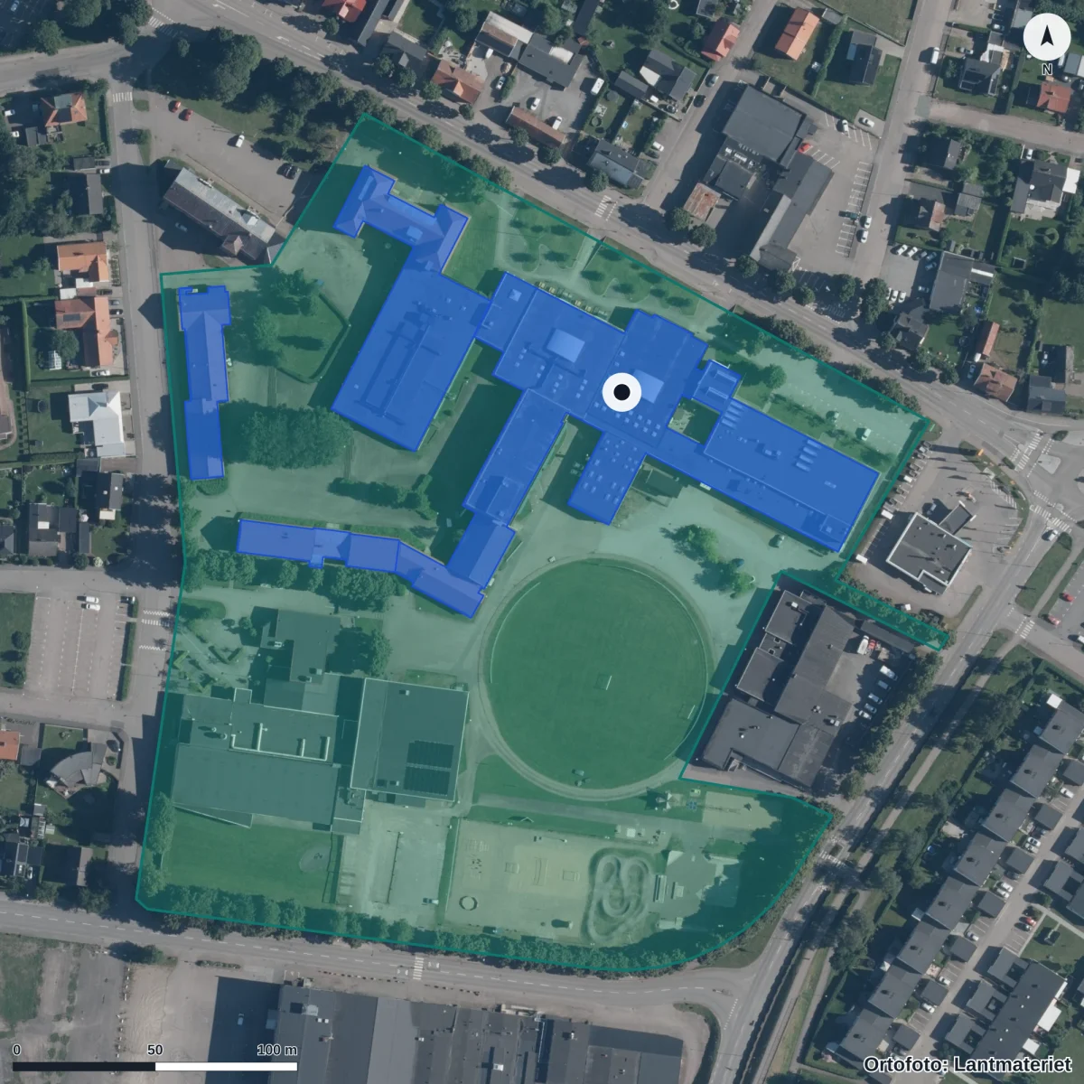 Flygbild över Åbyskolan, ortofoto från Lantmäteriet