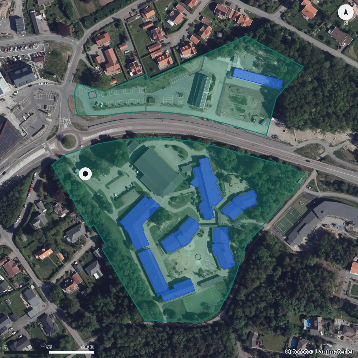Aerial view of Öjersjö Brunn skola F-5, orthophoto from Lantmäteriet