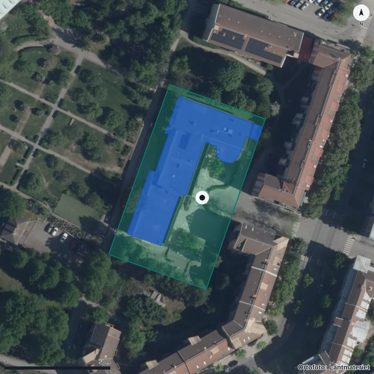 Aerial view of Noblaskolan Solna, orthophoto from Lantmäteriet