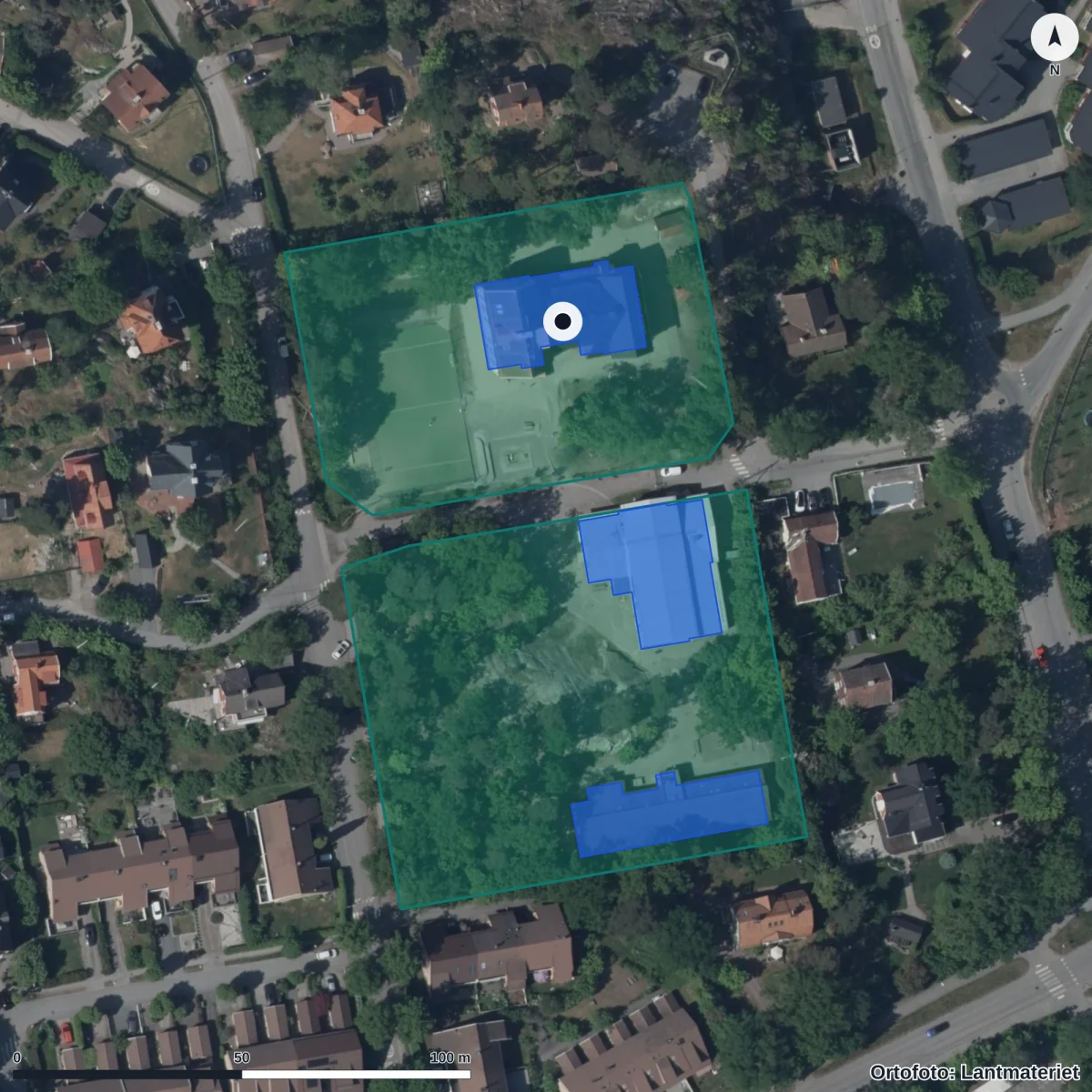Flygbild över Neglinge skola, ortofoto från Lantmäteriet