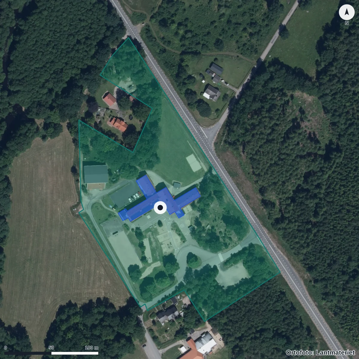 Aerial view of Ryfors skola, orthophoto from Lantmäteriet
