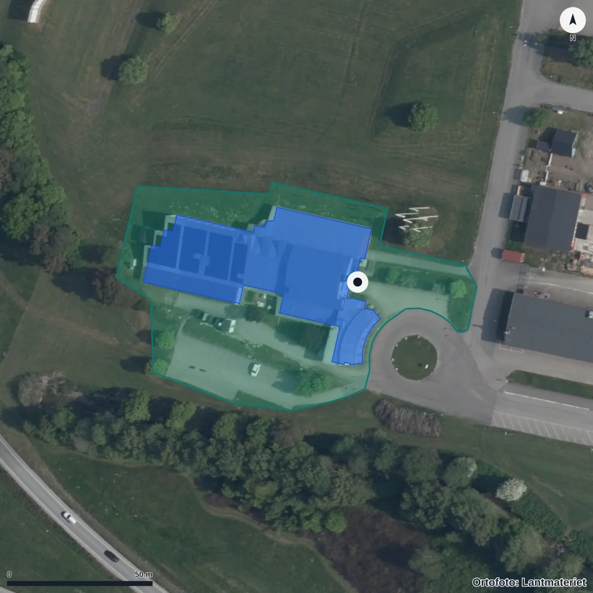 Aerial view of Elteknikbranschens gymnasium, orthophoto from Lantmäteriet