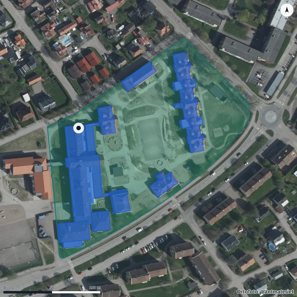 Flygbild över Södermalmsskolan, ortofoto från Lantmäteriet
