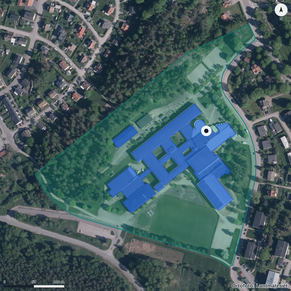 Aerial view of Karlbergsgymnasiet, orthophoto from Lantmäteriet