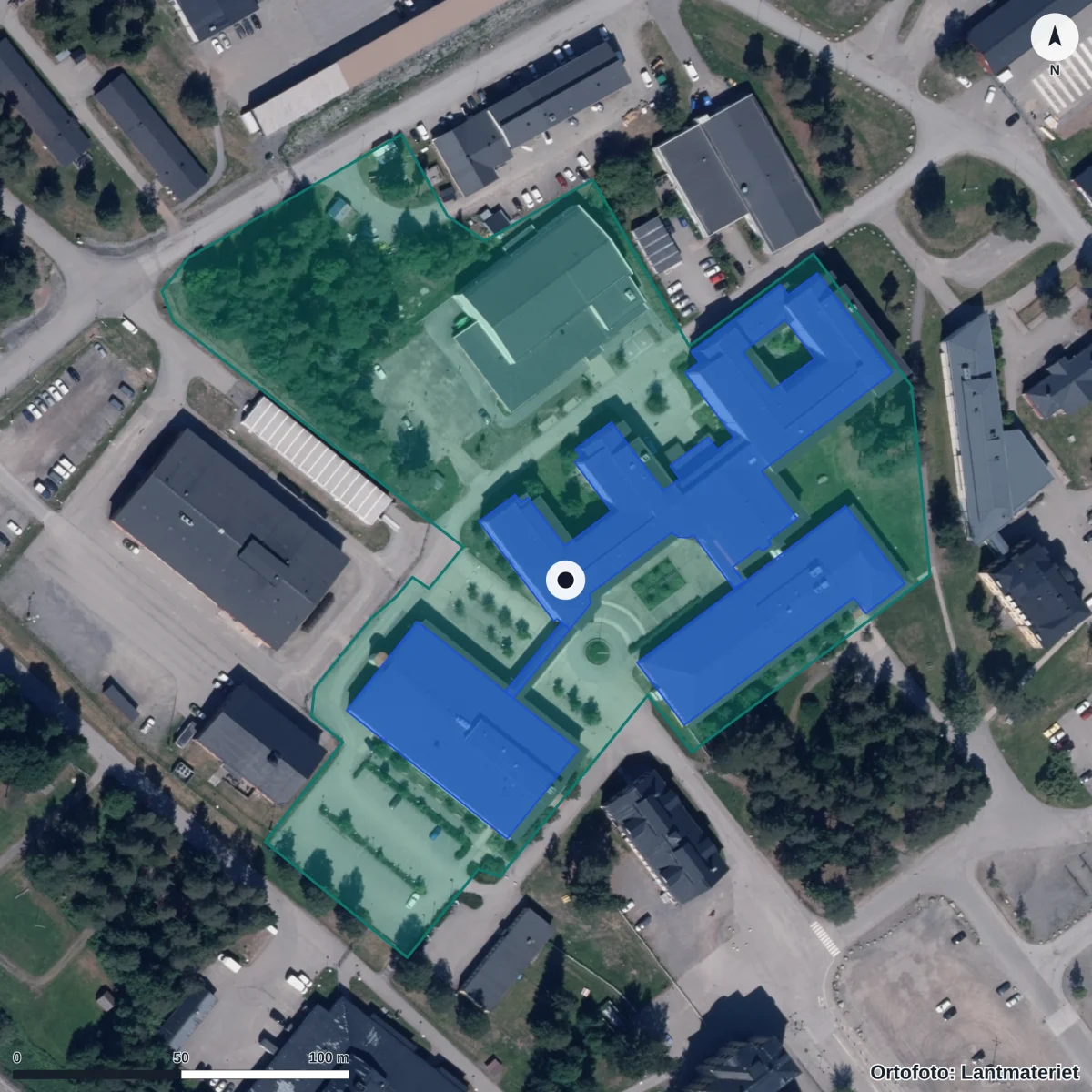 Flygbild över Midgårdsskolan, ortofoto från Lantmäteriet