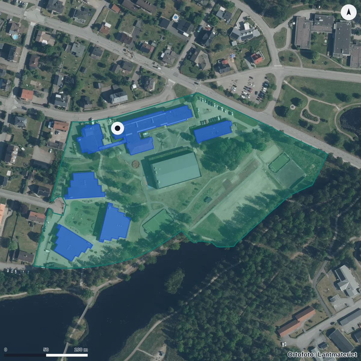Flygbild över Markaryds skola, ortofoto från Lantmäteriet
