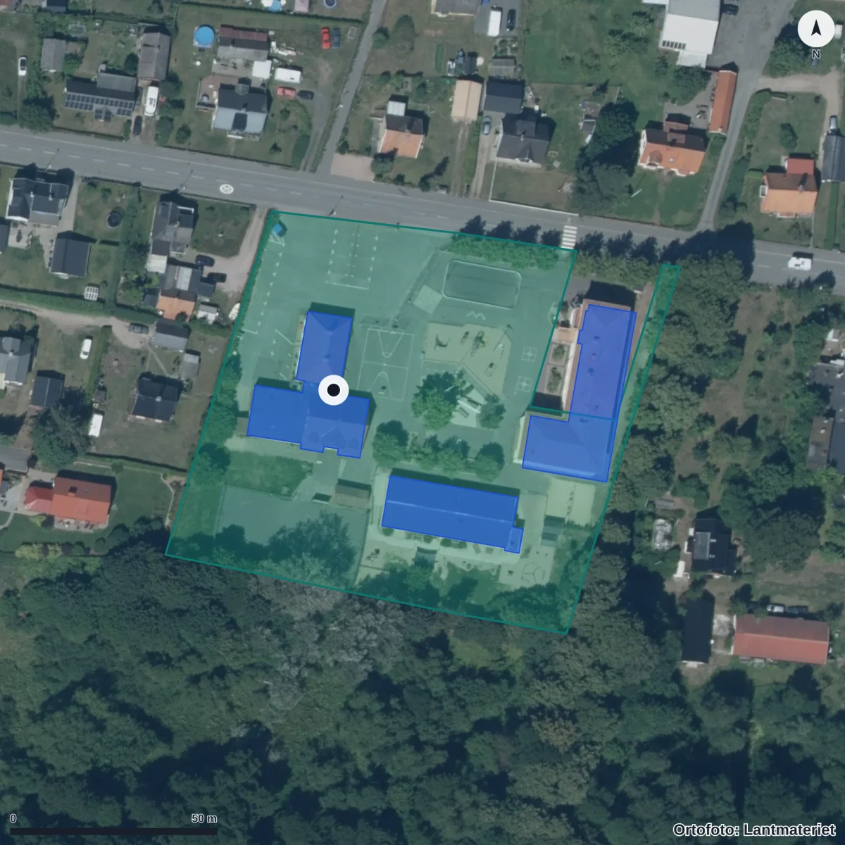 Flygbild över Everöds skola, ortofoto från Lantmäteriet