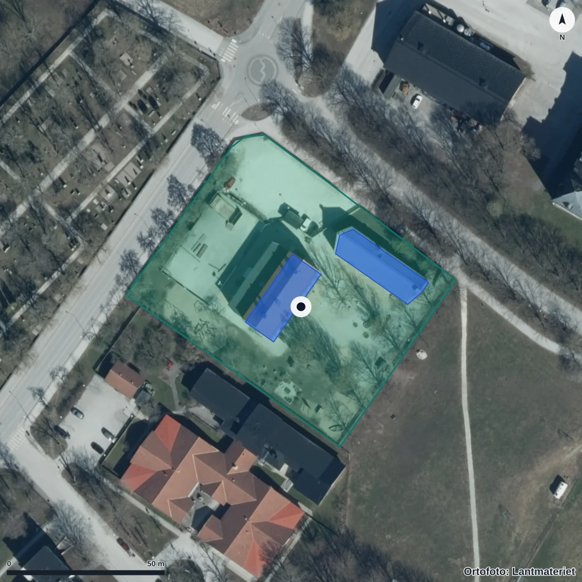 Flygbild över Orionskolan, ortofoto från Lantmäteriet