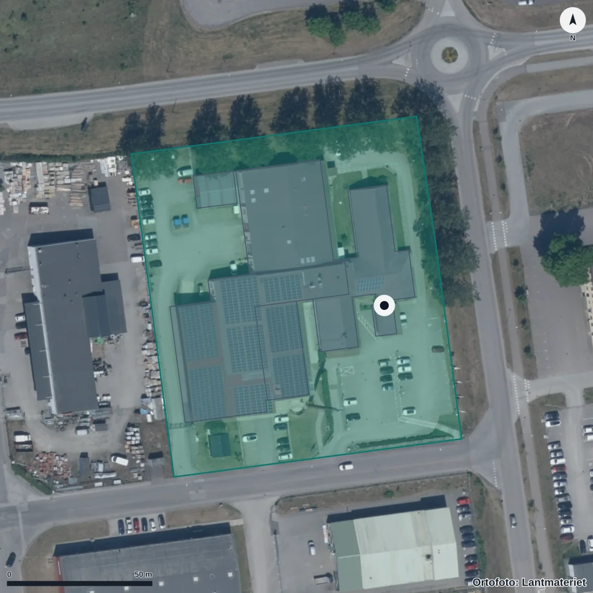 Flygbild över Malenagymnasiet, ortofoto från Lantmäteriet