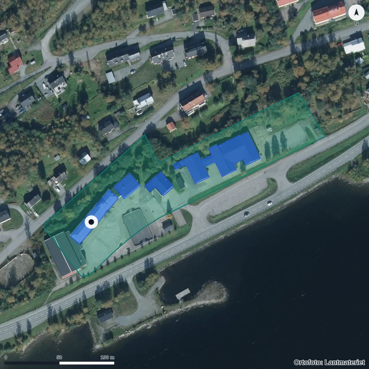 Flygbild över Tärnaby Alpina Gymnasium, ortofoto från Lantmäteriet