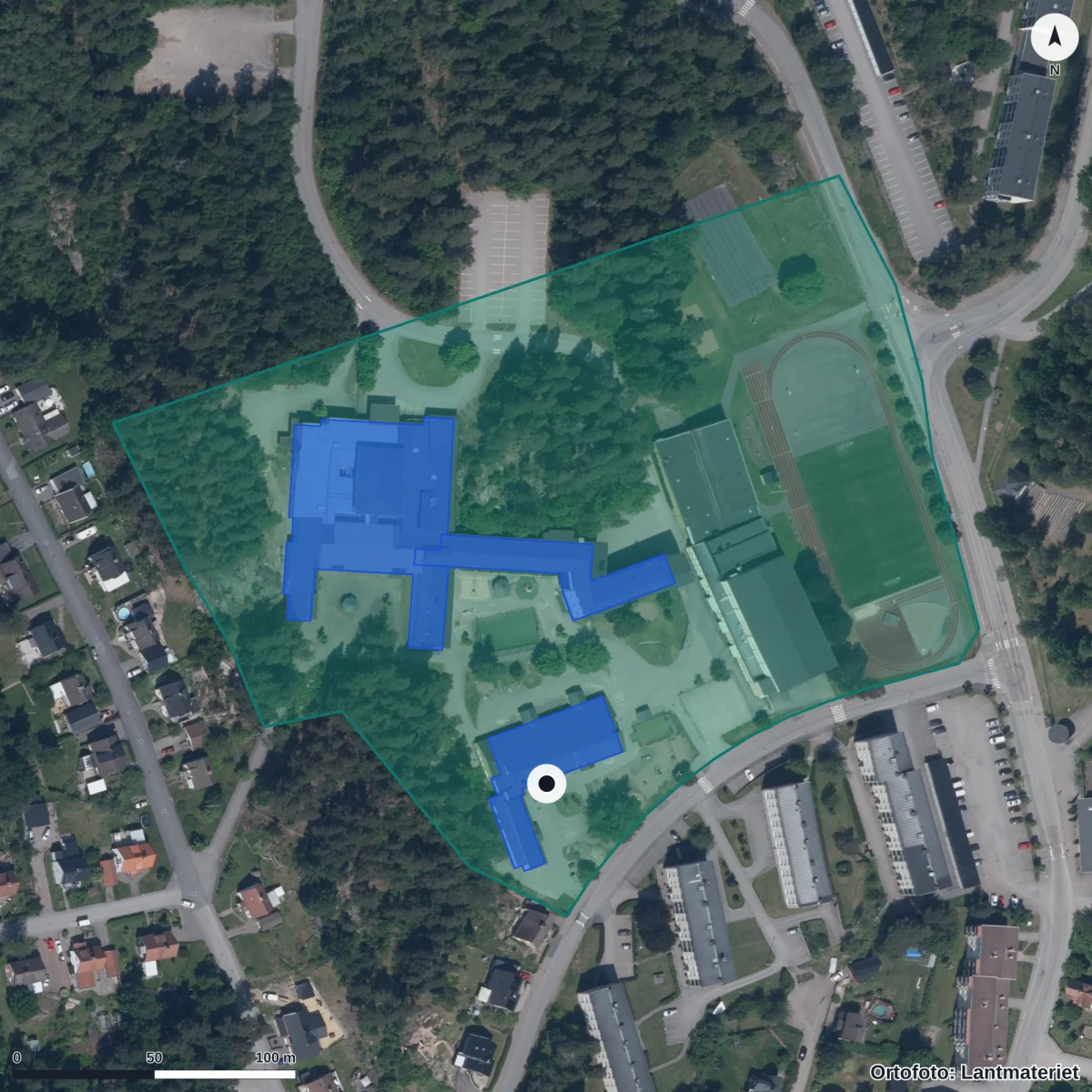 Aerial view of Stenbockskolan, orthophoto from Lantmäteriet