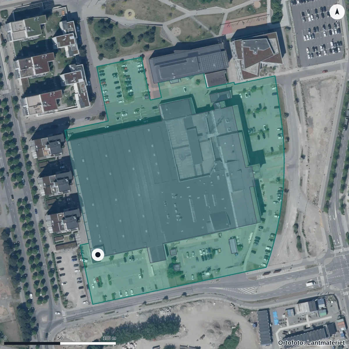 Flygbild över Gymnasieskolan Gripen, ortofoto från Lantmäteriet