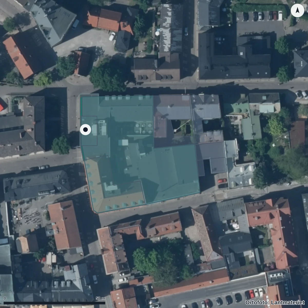 Flygbild över Lunds dans- och musikalgymnasium, ortofoto från Lantmäteriet