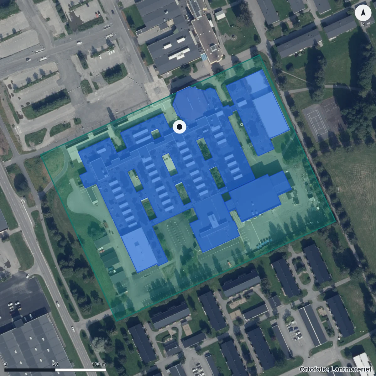Aerial view of Anderstorpsgymnasiet, orthophoto from Lantmäteriet
