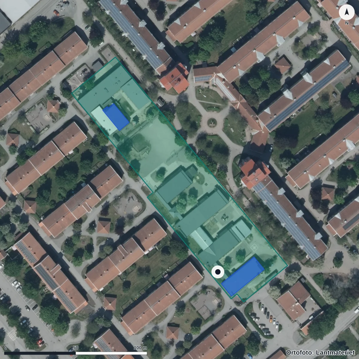 Flygbild över Läraskolan, ortofoto från Lantmäteriet
