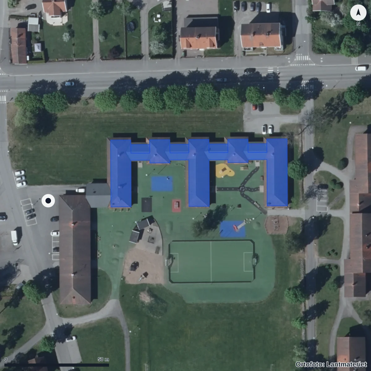 Aerial view of Lillängsskolan, orthophoto from Lantmäteriet