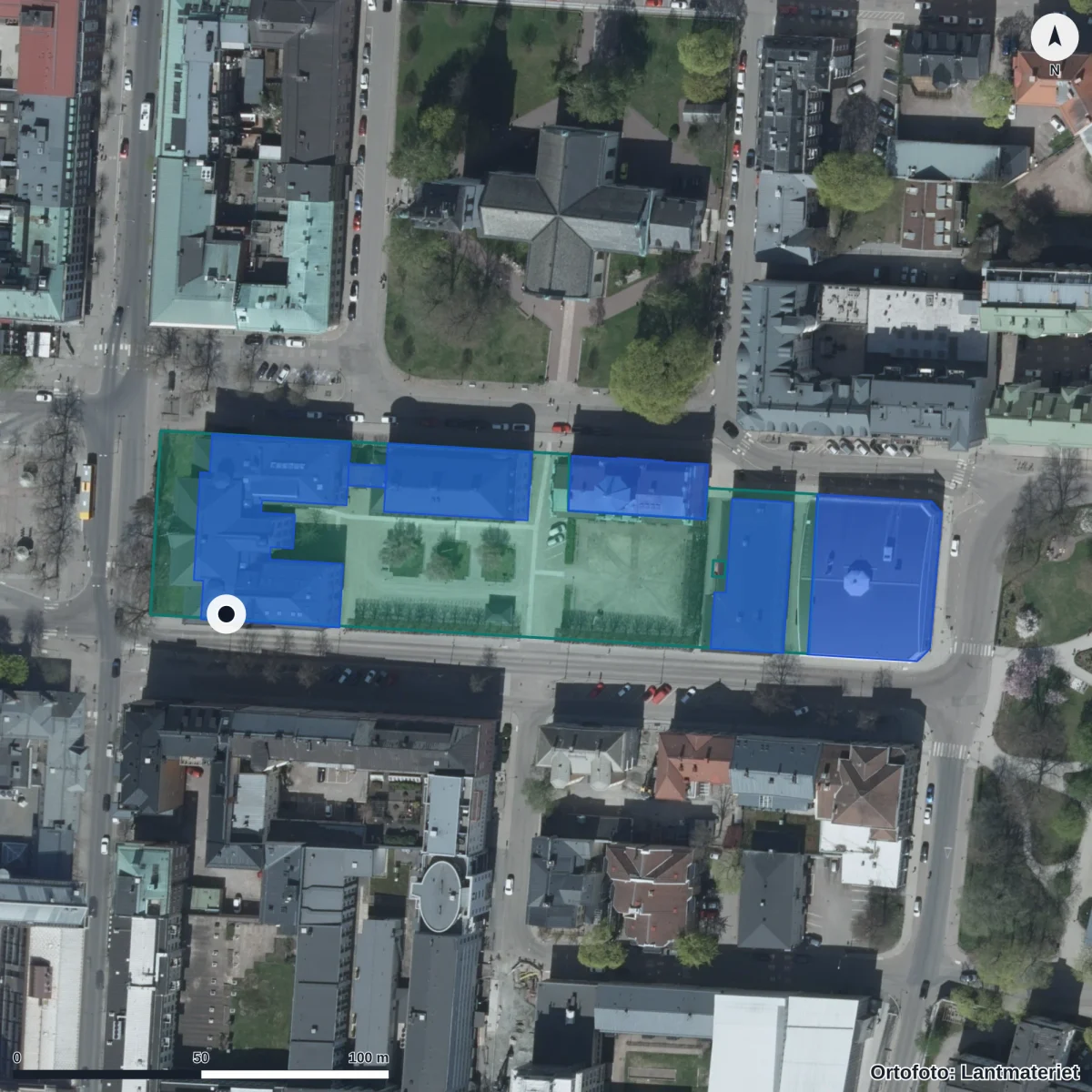 Flygbild över Tingvallagymnasiet, ortofoto från Lantmäteriet