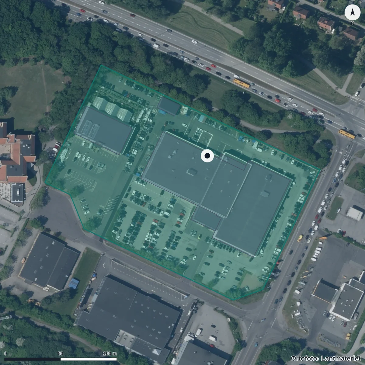 Flygbild över Lunds Fordonstekniska gymnasium, ortofoto från Lantmäteriet