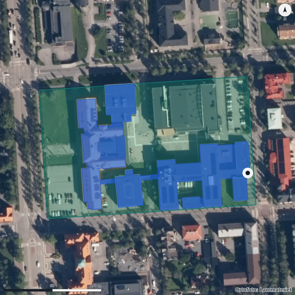 Flygbild över Jämtlands Gymnasium Wargentin, ortofoto från Lantmäteriet