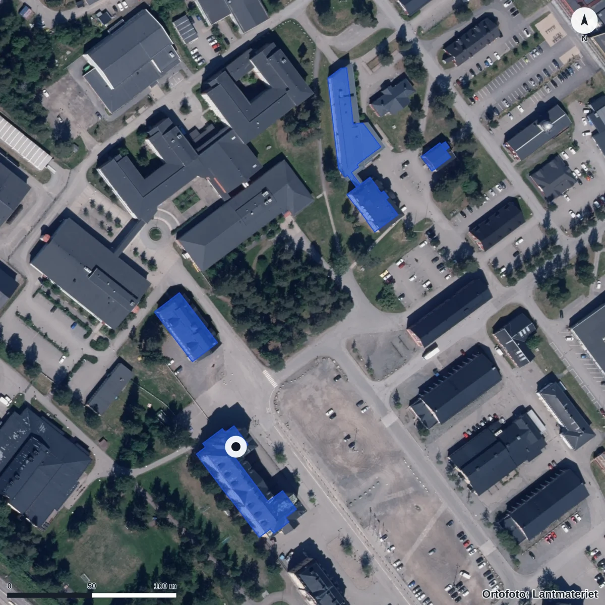 Flygbild över Prolympia Umeå, ortofoto från Lantmäteriet