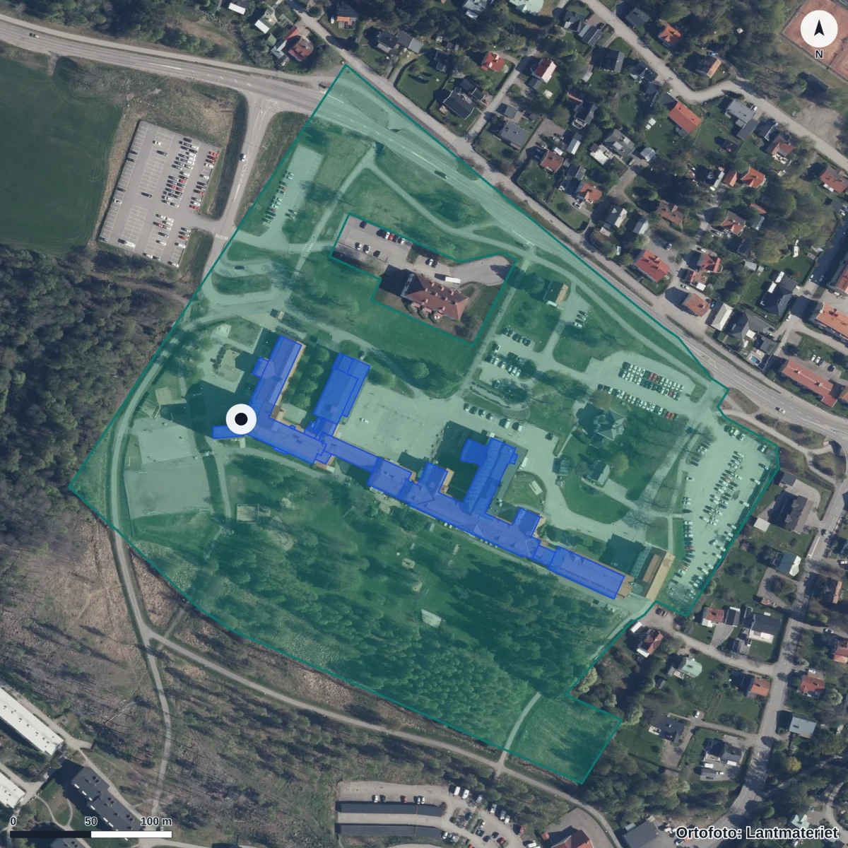 Aerial view of Nyhamre skola, orthophoto from Lantmäteriet