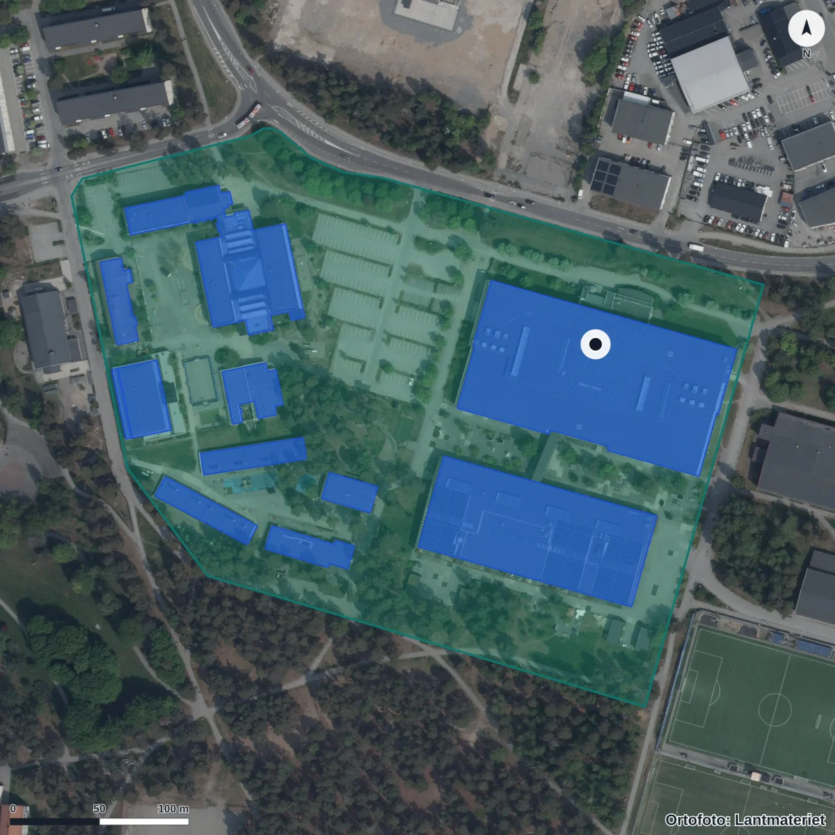 Aerial view of Fredrika Bremergymnasiet, orthophoto from Lantmäteriet
