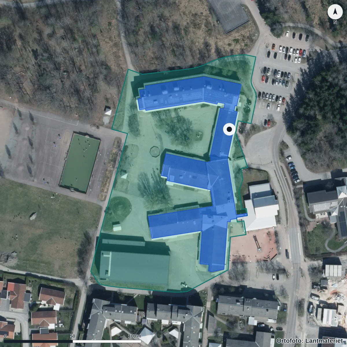 Aerial view of Önstaskolan, orthophoto from Lantmäteriet